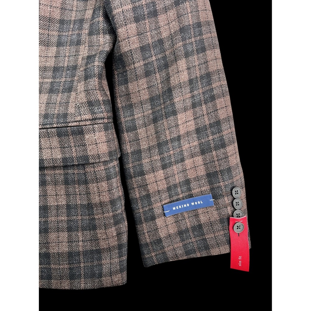 Stafford Signature Mens 42S Slim Fit Merino Wool Sport Coat Dark Brown Plaid